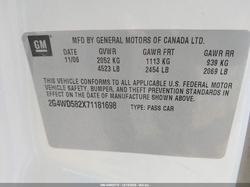 2007 Buick Lacrosse Cxl VIN: 2G4WD582X71181698 Lot: 43892179