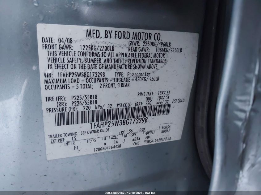 2008 Ford Taurus Limited VIN: 1FAHP25W38G173298 Lot: 43892182