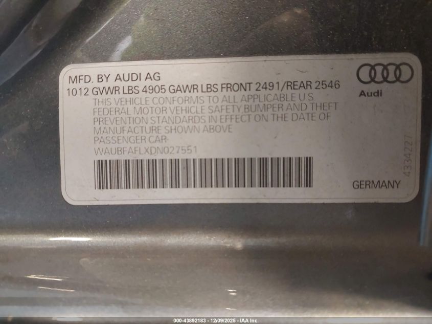 2013 Audi A4 2.0T Premium VIN: WAUBFAFLXDN027551 Lot: 43892183