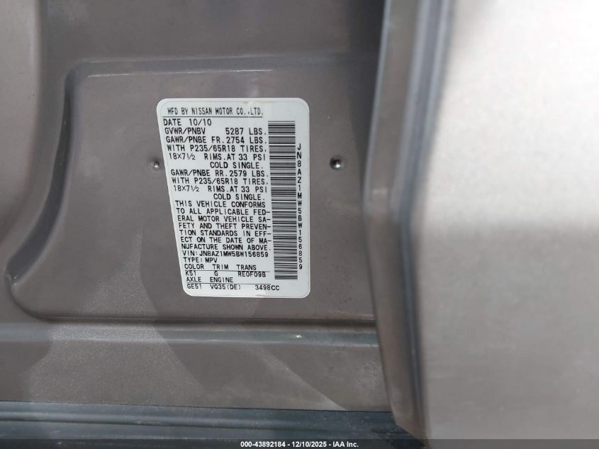 2011 Nissan Murano Sl VIN: JN8AZ1MW5BW156859 Lot: 43892184