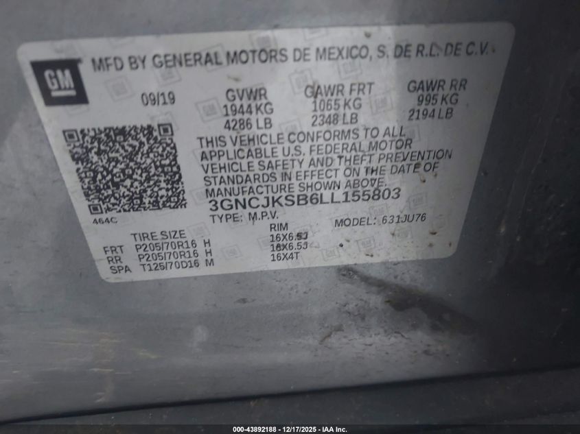 2020 Chevrolet Trax Fwd Ls VIN: 3GNCJKSB6LL155803 Lot: 43892188