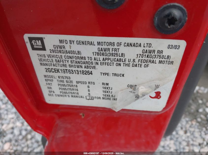 2003 Chevrolet Silverado 1500 Ls VIN: 2GCEK19T631318264 Lot: 43892197