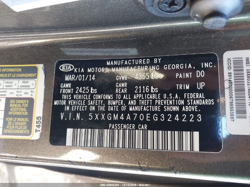 2014 Kia Optima Lx VIN: 5XXGM4A70EG324223 Lot: 43892203