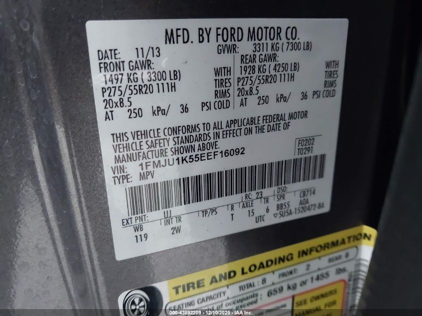 2014 Ford Expedition Limited VIN: 1FMJU1K55EEF16092 Lot: 43892209