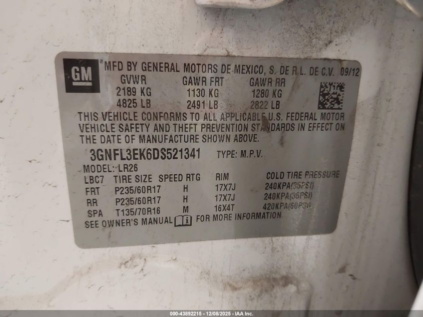 2013 Chevrolet Captiva Sport Lt VIN: 3GNFL3EK6DS521341 Lot: 43892215