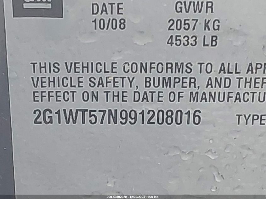 2009 Chevrolet Impala Lt VIN: 2G1WT57N991208016 Lot: 43892220