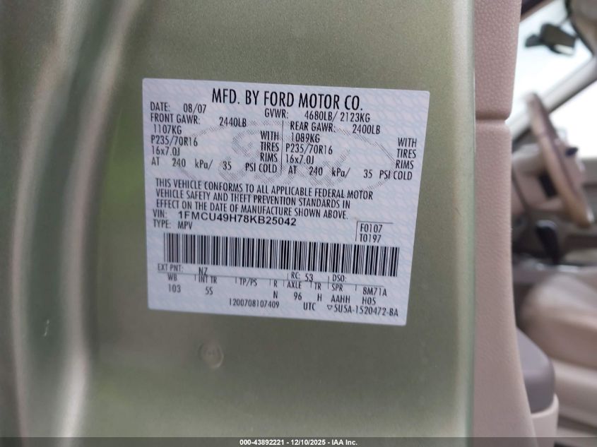 2008 Ford Escape Hybrid VIN: 1FMCU49H78KB25042 Lot: 43892221