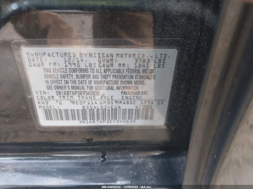 2014 Nissan Sentra Sv VIN: 3N1AB7AP3EY340830 Lot: 43892224