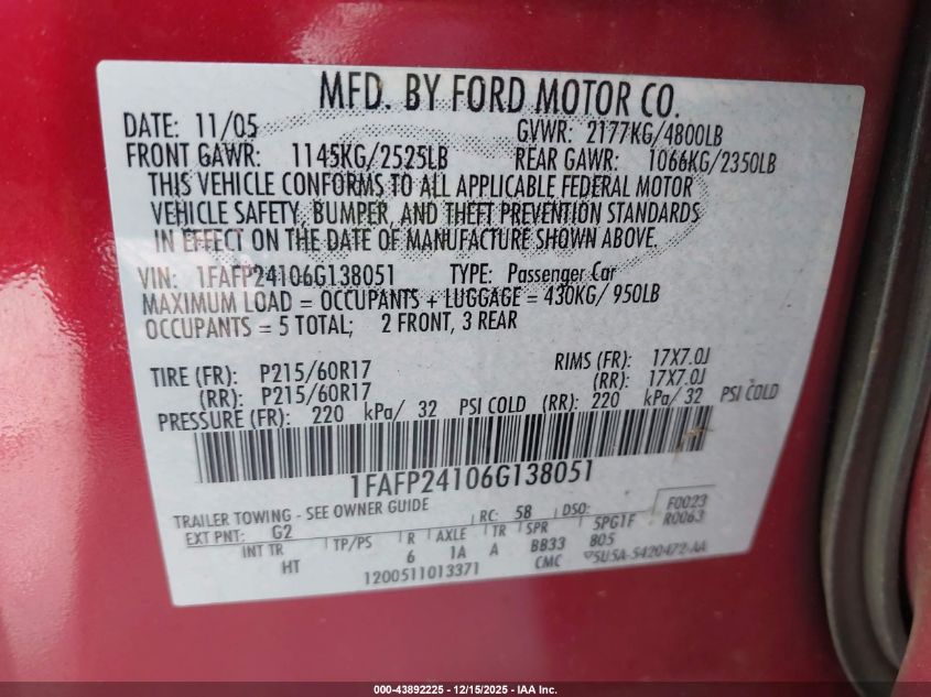 2006 Ford Five Hundred Sel VIN: 1FAFP24106G138051 Lot: 43892225