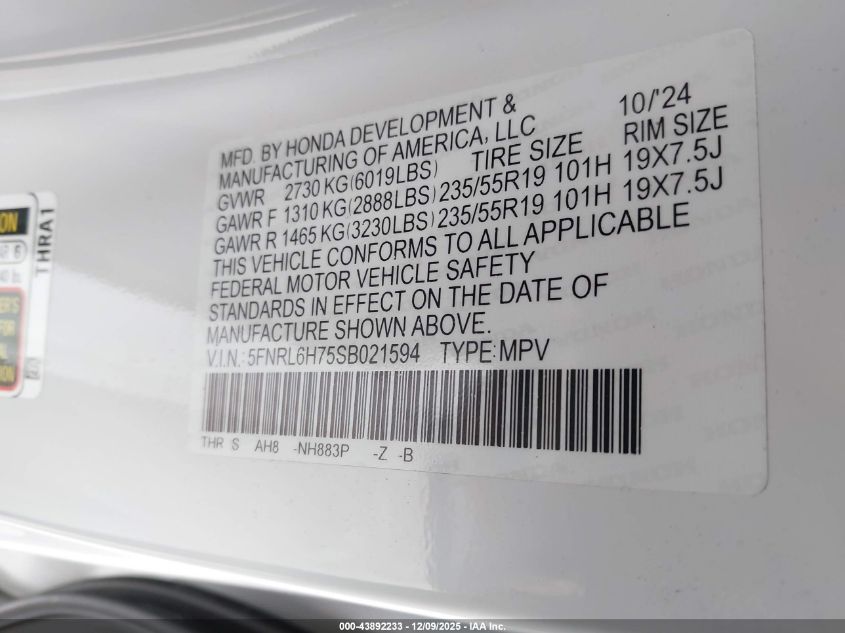 2025 Honda Odyssey Sport-L VIN: 5FNRL6H75SB021594 Lot: 43892233