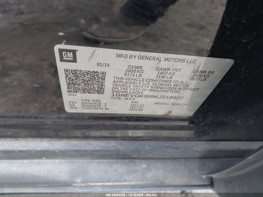 2019 Chevrolet Traverse 1Lt VIN: 1GNEVGKW8KJ218922 Lot: 43892235