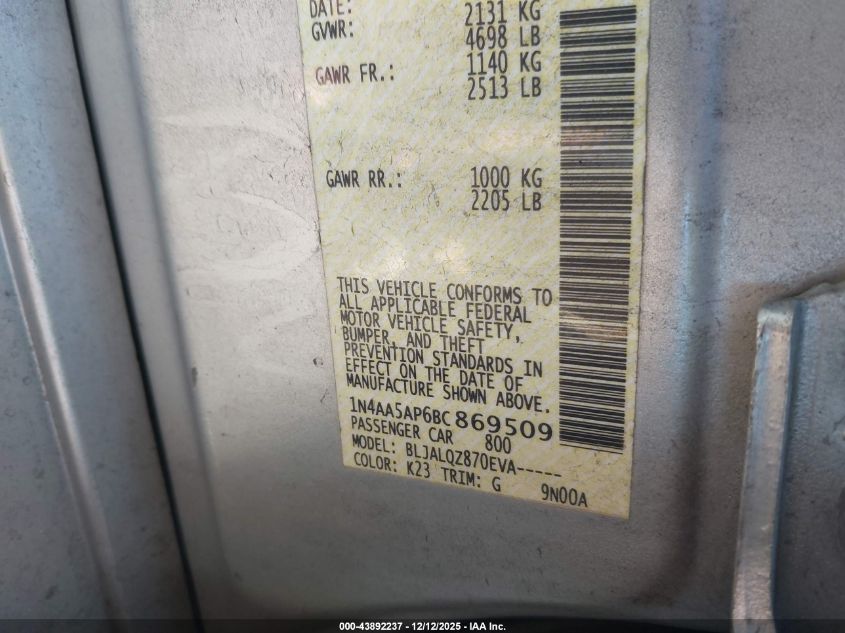 2011 Nissan Maxima 3.5 S VIN: 1N4AA5AP6BC869509 Lot: 43892237