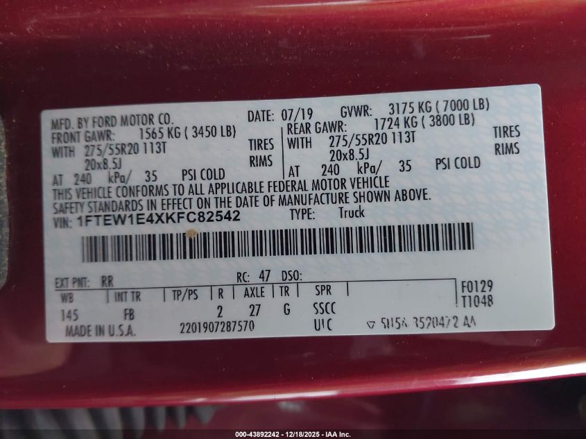 2019 Ford F-150 Xlt VIN: 1FTEW1E4XKFC82542 Lot: 43892242