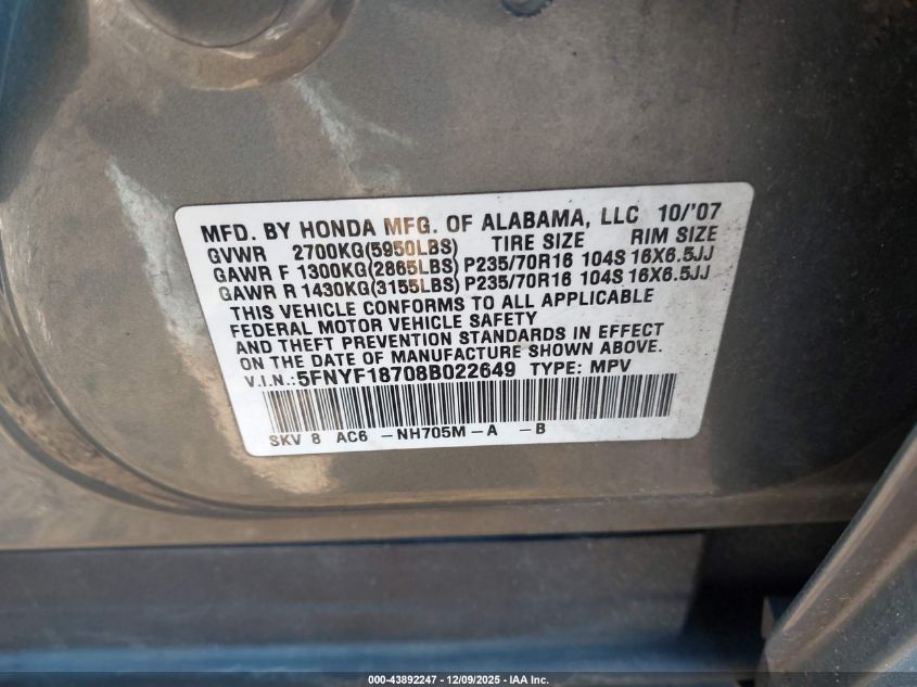 2008 Honda Pilot Ex-L VIN: 5FNYF18708B022649 Lot: 43892247