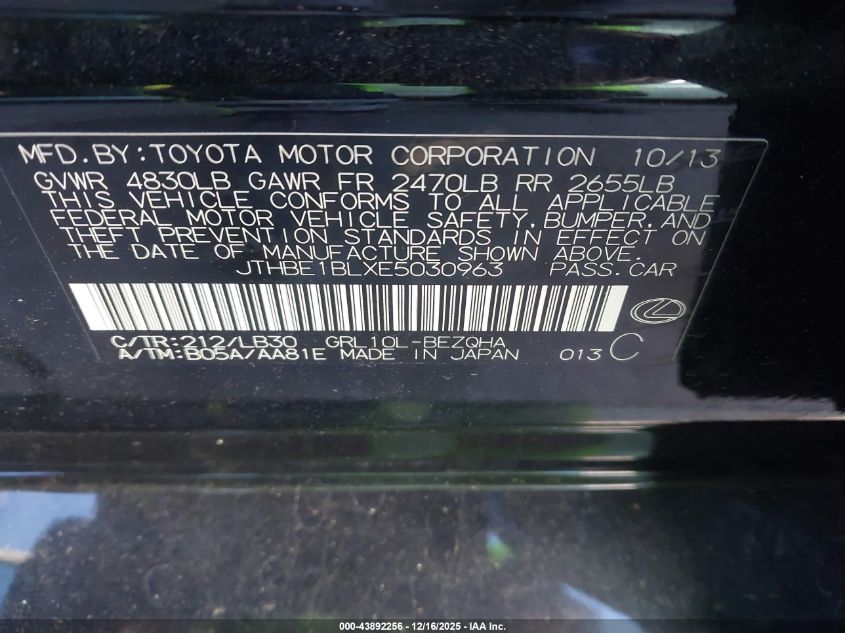 2014 Lexus Gs 350 VIN: JTHBE1BLXE5030963 Lot: 43892256