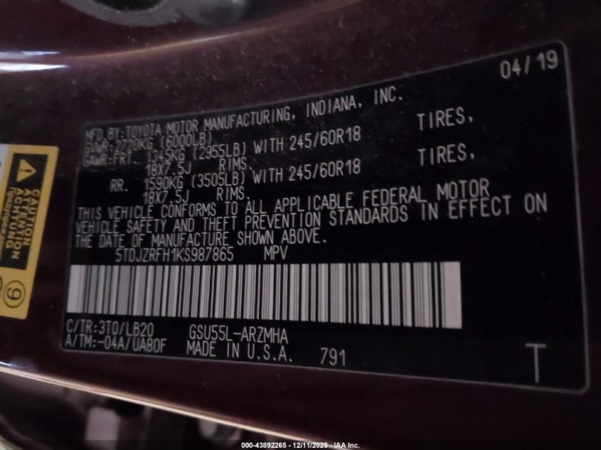 2019 Toyota Highlander Xle VIN: 5TDJZRFH1KS987865 Lot: 43892265