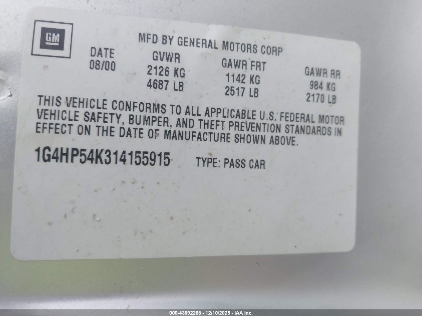 2001 Buick Lesabre Custom VIN: 1G4HP54K314155915 Lot: 43892268