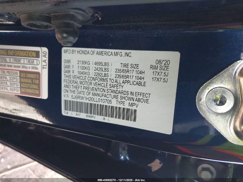 2020 Honda Cr-V 2Wd Lx VIN: 5J6RW1H20LL010705 Lot: 43892270