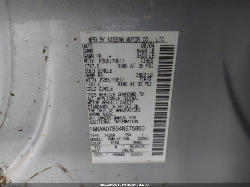 2004 Nissan Titan Le VIN: 1N6AA07B94N575860 Lot: 43892271