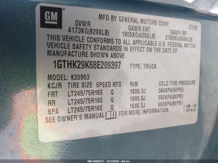 2008 GMC Sierra 2500Hd Work Truck VIN: 1GTHK29K68E209397 Lot: 43892273
