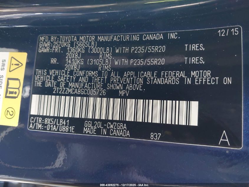 2016 Lexus Rx 350 VIN: 2T2ZZMCA8GC005726 Lot: 43892275