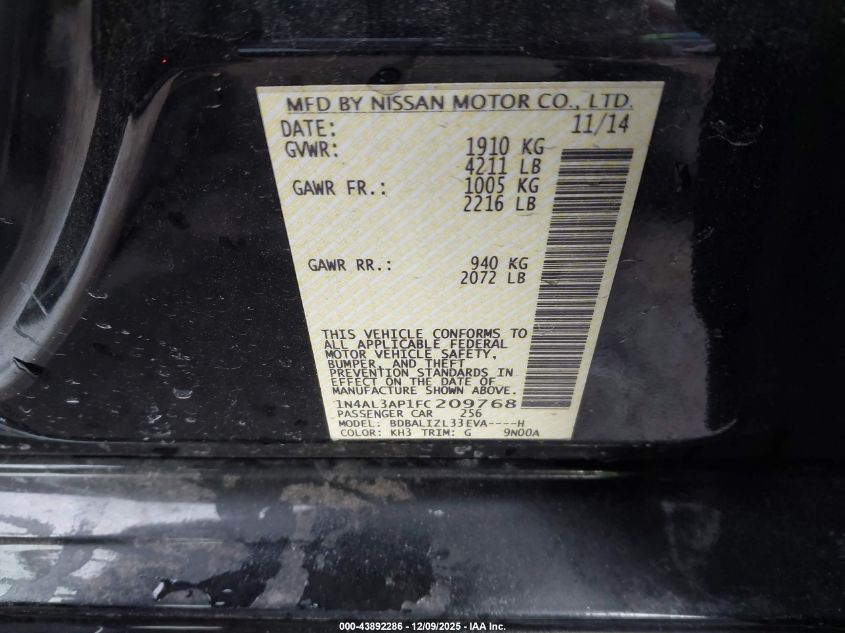 2015 Nissan Altima 2.5 Sv VIN: 1N4AL3AP1FC209768 Lot: 43892286