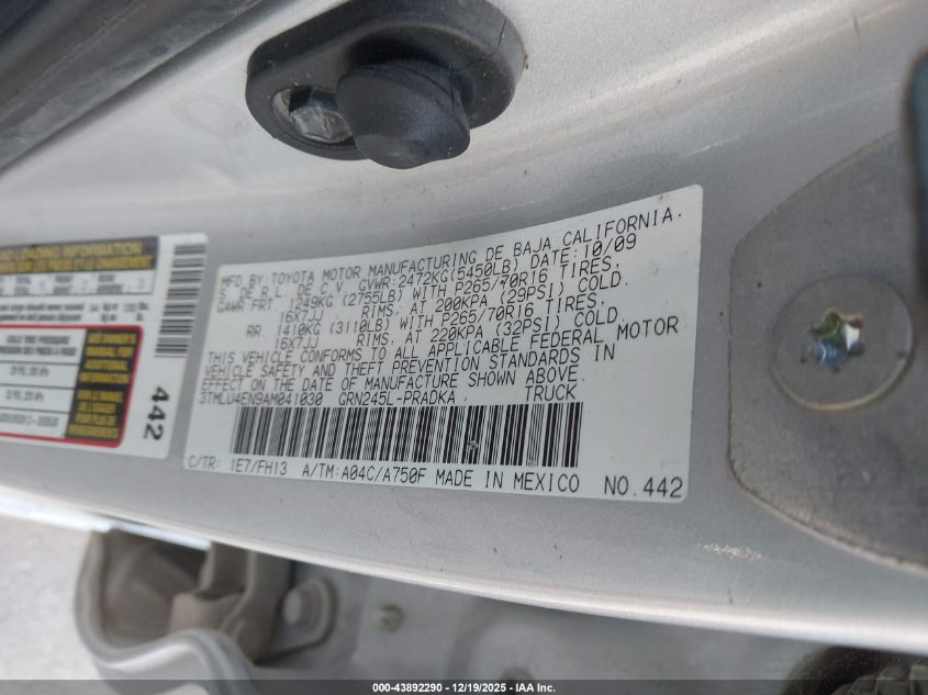 2010 Toyota Tacoma Base V6 VIN: 3TMLU4EN9AM041030 Lot: 43892290