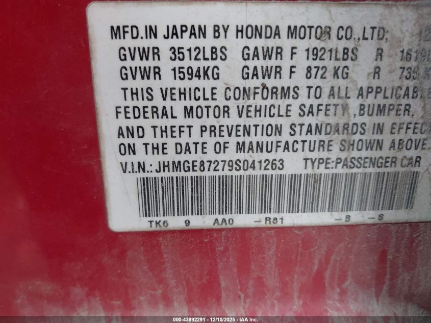 2009 Honda Fit VIN: JHMGE87279S041263 Lot: 43892291