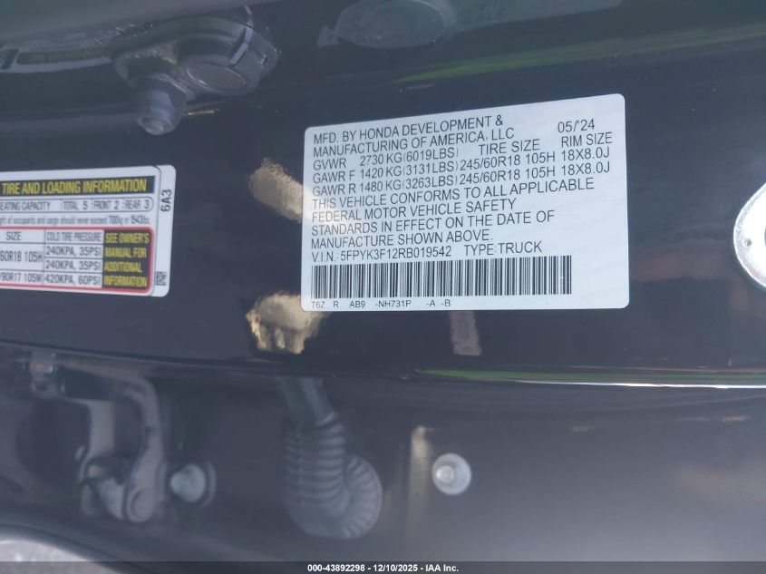 2024 Honda Ridgeline Sport VIN: 5FPYK3F12RB019542 Lot: 43892298