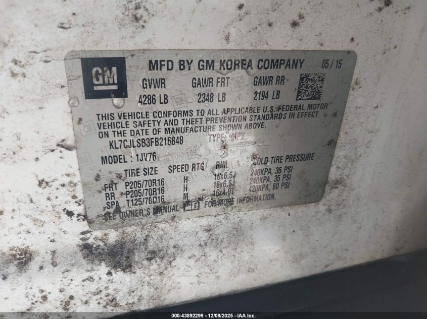 2015 Chevrolet Trax Lt VIN: KL7CJLSB3FB216848 Lot: 43892299