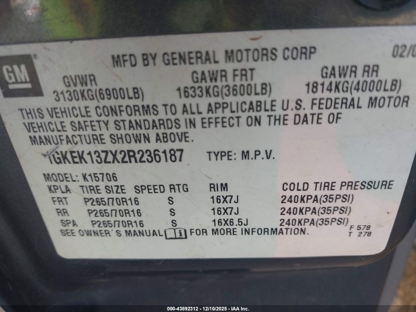 2002 GMC Yukon Slt VIN: 1GKEK13ZX2R236187 Lot: 43892312