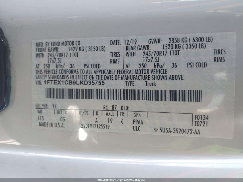 2020 Ford F-150 Xl VIN: 1FTEX1CB9LKD35755 Lot: 43892321