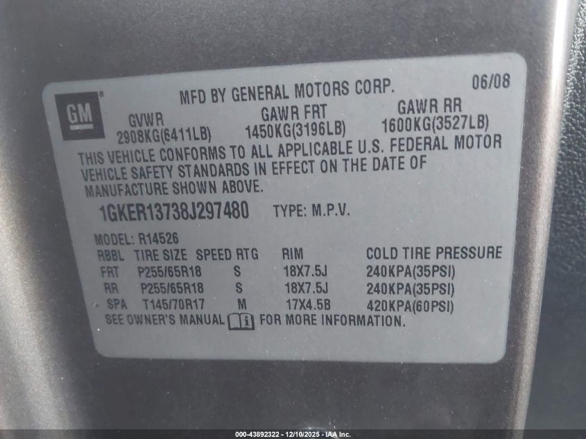 2008 GMC Acadia Sle-1 VIN: 1GKER13738J297480 Lot: 43892322