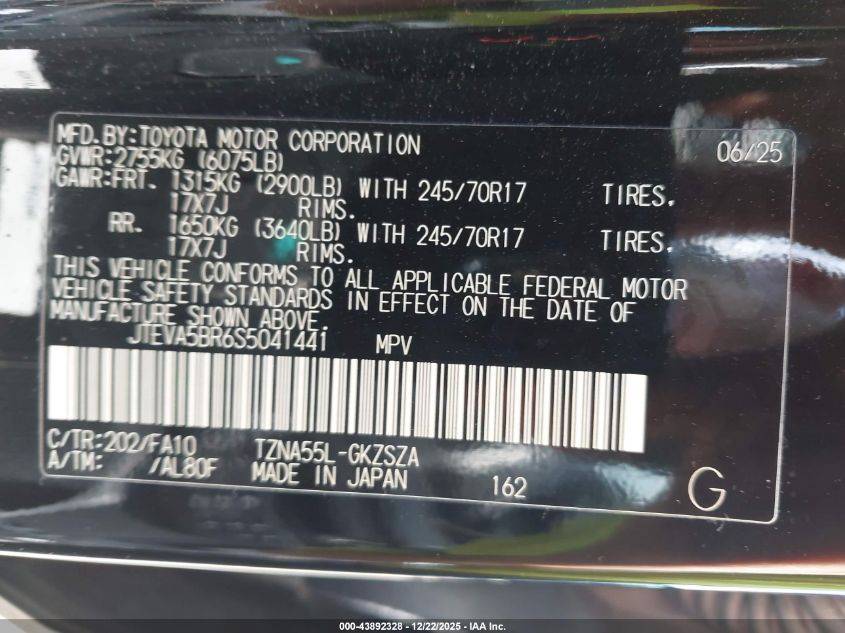 2025 Toyota 4Runner Sr5 VIN: JTEVA5BR6S5041441 Lot: 43892328