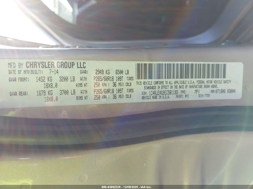 2014 Jeep Grand Cherokee Laredo VIN: 1C4RJEAG9EC581193 Lot: 43892329