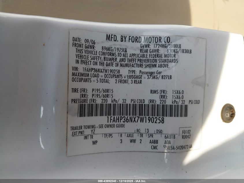 2007 Ford Focus Se/Ses VIN: 1FAHP36NX7W190258 Lot: 43892340