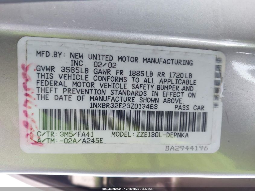 2003 Toyota Corolla Le VIN: 1NXBR32E23Z013463 Lot: 43892341