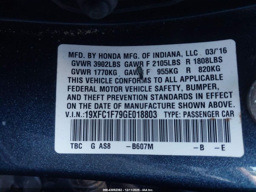 2016 Honda Civic Ex-L VIN: 19XFC1F79GE018803 Lot: 43892362