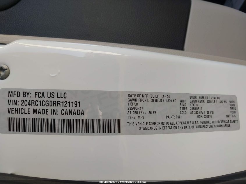 2024 Chrysler Voyager Lx VIN: 2C4RC1CG0RR121191 Lot: 43892375