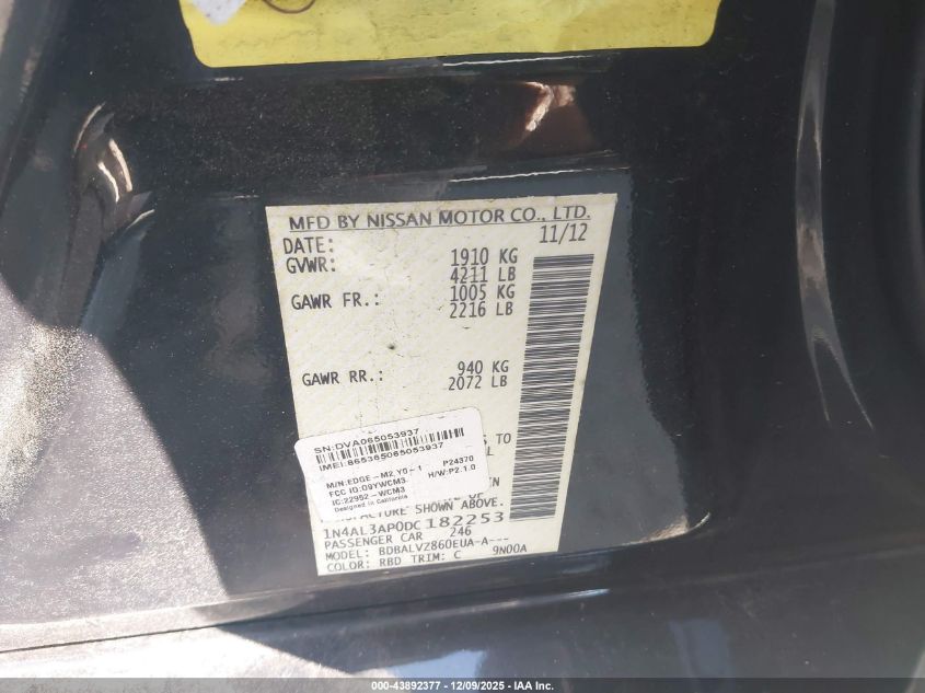 2013 Nissan Altima 2.5 Sl VIN: 1N4AL3AP0DC182253 Lot: 43892377