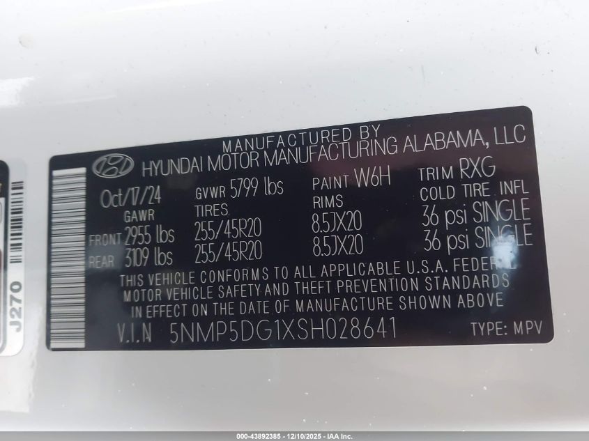 2025 Hyundai Santa Fe Hybrid Calligraphy VIN: 5NMP5DG1XSH028641 Lot: 43892385