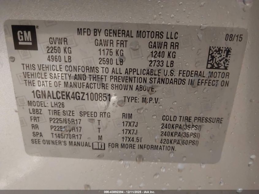 2016 Chevrolet Equinox Lt VIN: 1GNALCEK4GZ100851 Lot: 43892394