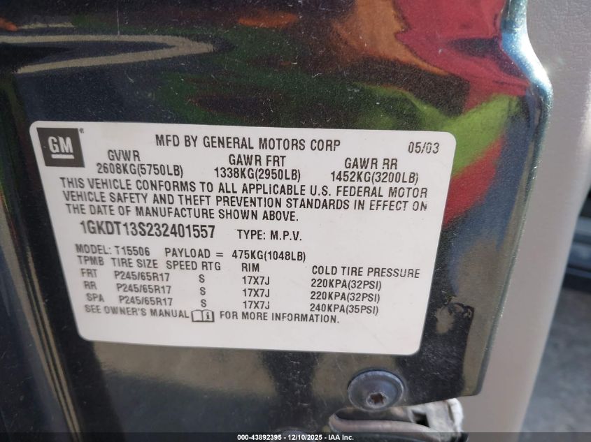 2003 GMC Envoy Slt VIN: 1GKDT13S232401557 Lot: 43892395