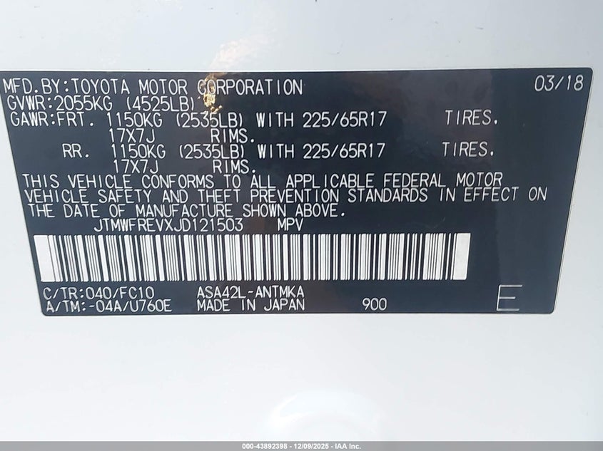 JTMWFREVXJD121503 2018 TOYOTA RAV 4 photo no. 9