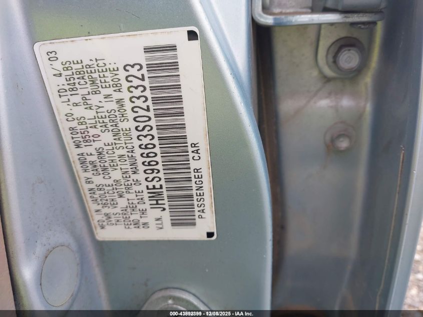 2003 Honda Civic Hybrid VIN: JHMES96663S023323 Lot: 43892399