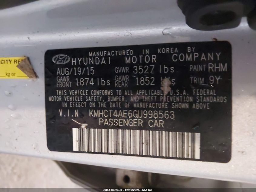 2016 Hyundai Accent Se VIN: KMHCT4AE6GU998563 Lot: 43892400