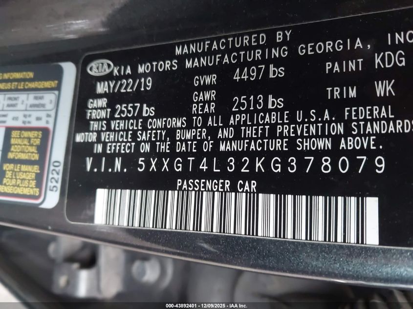 2019 Kia Optima Lx VIN: 5XXGT4L32KG378079 Lot: 43892401