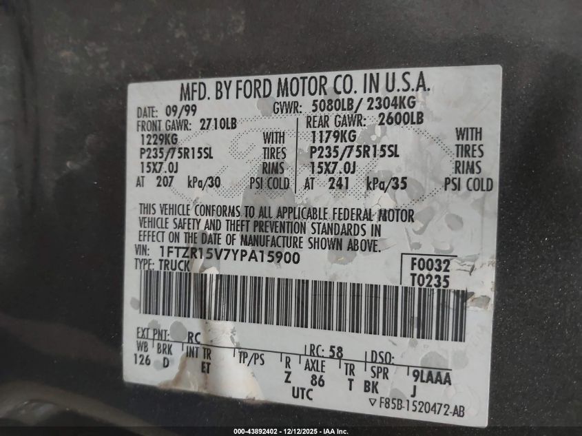 2000 Ford Ranger Xl/Xlt VIN: 1FTZR15V7YPA15900 Lot: 43892402