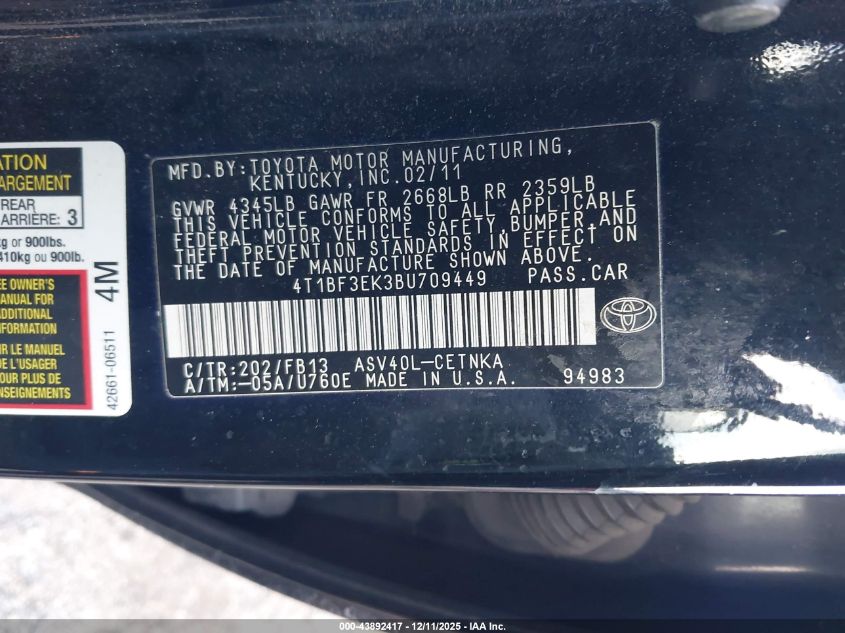 2011 Toyota Camry Le VIN: 4T1BF3EK3BU709449 Lot: 43892417