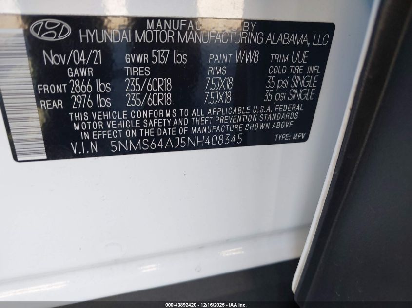2022 Hyundai Santa Fe Sel VIN: 5NMS64AJ5NH408345 Lot: 43892420